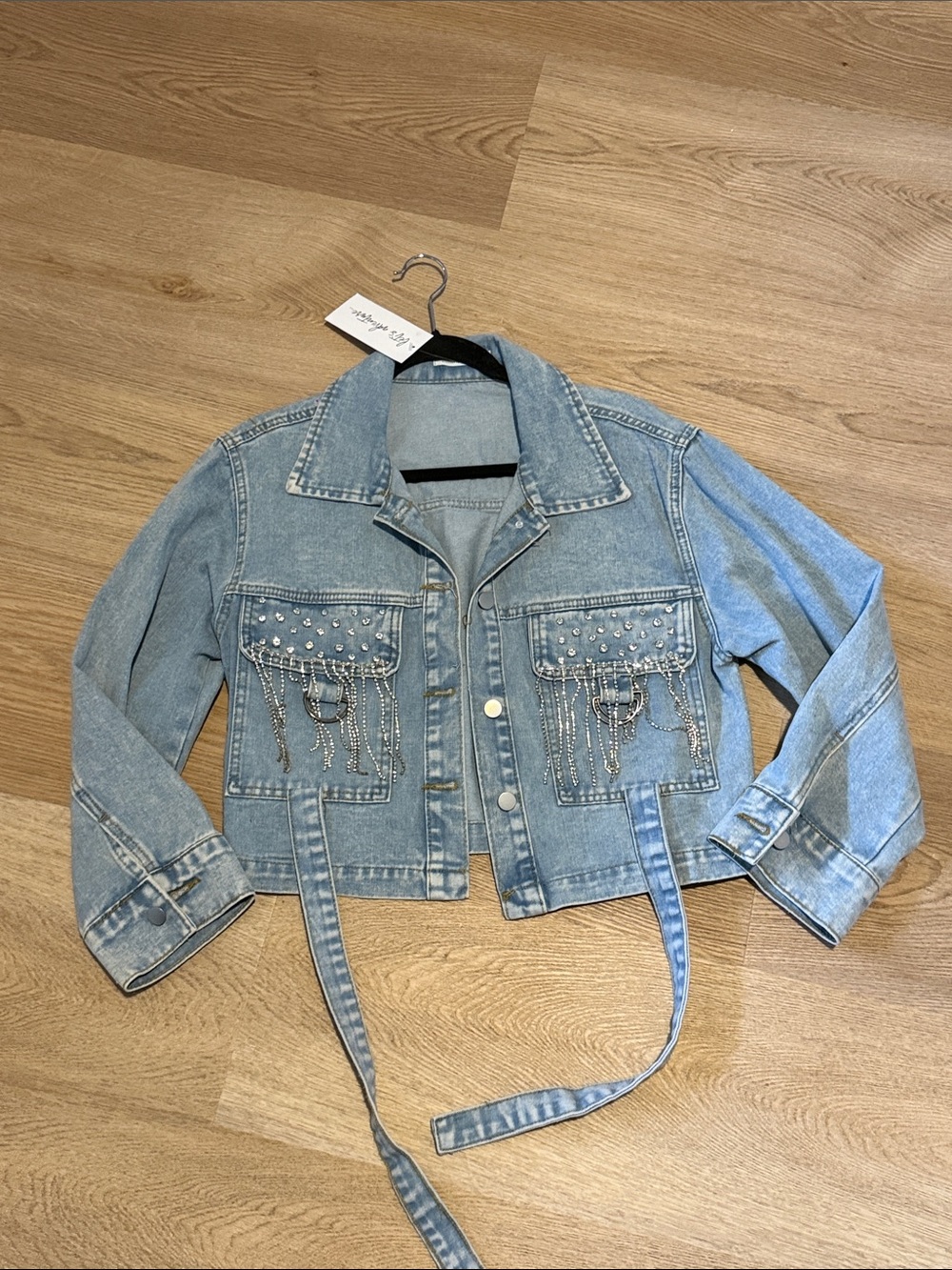 NWT 12th Tribe Light Blue Denim Jacket with Studs & Chain Fringe - Picture 2 of 3